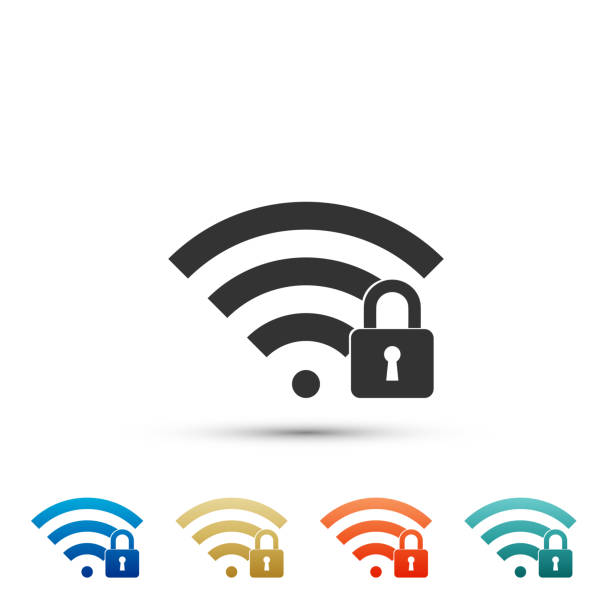 istock Wifi locked sign icon isolated on white background. Password Wi-fi symbol. Wireless Network icon. Wifi zone. Set elements in colored icons. Flat design. Vector Illustration 1097414792