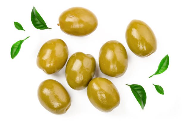 istock Green olives isolated on a white background. Top view. Flat lay 1097414966