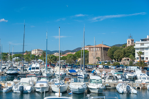 Sainte-Maxime, France - October 04, 2016: Marina with view toward the Tour Carée in Sainte-Maxime in the Department Var of the province Provence-Alpes-Cote d´Azur