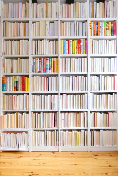 fully packed library shelves - generic side and spines - library book shelf generic imagens e fotografias de stock