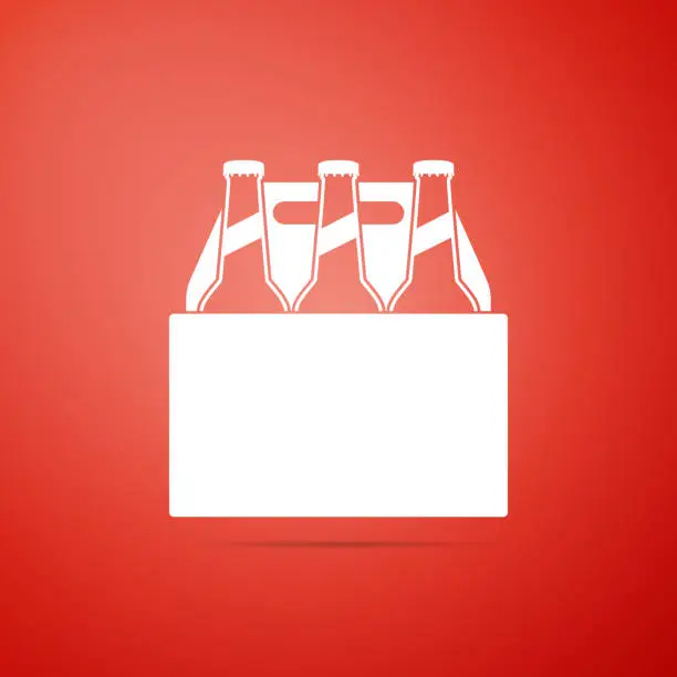 Vector illustration of Pack of beer bottles icon isolated on red background. Case crate beer box sign. Flat design. Vector Illustration