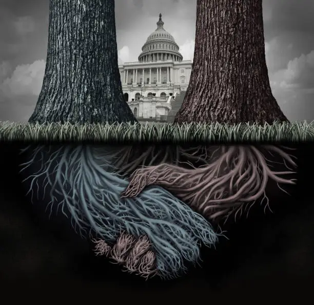 USA secret politics and deep state clandestine government deal manipulating the laws or system of politics as a covert plan to secretly influence the leadership and conspiracy theory with 3D illustration elements.