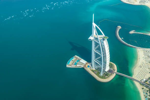 Aerial view of Burj AL Arab hotel in Dubai, United Arab Emirates stock photo