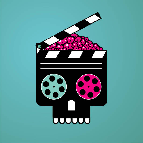 Movie poster with clapper and zombie head. Movie poster with clapper and zombie head. Cinema vector illustration. Horror video film concept. cartoon of painted skull faces stock illustrations