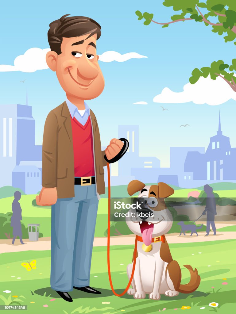 Man With His Dog In The Park Vector illustration of a man with his cute little dog in the park, on a sunny day. In the background is a city skyline and a cloudy blue sky. City stock vector