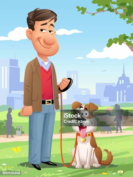 Man With His Dog In The Park Stock Illustration - Download Image Now - City, Dog, Active Lifestyle