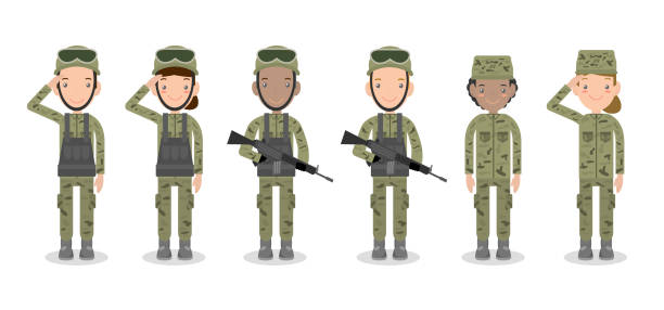 set of soldiers. men and women. flat cartoon character design isolated on white background. US Army , soldiers Isolated vector illustration. set of soldiers. men and women. flat cartoon character design isolated on white background. US Army , soldiers Isolated vector illustration. military family stock illustrations