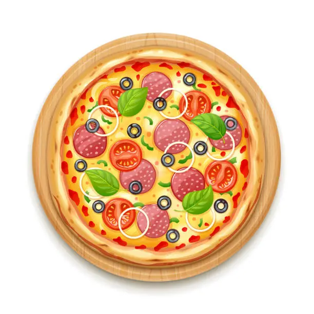 Vector illustration of Fresh pizza with tomato, cheese, olive, sausage, onion