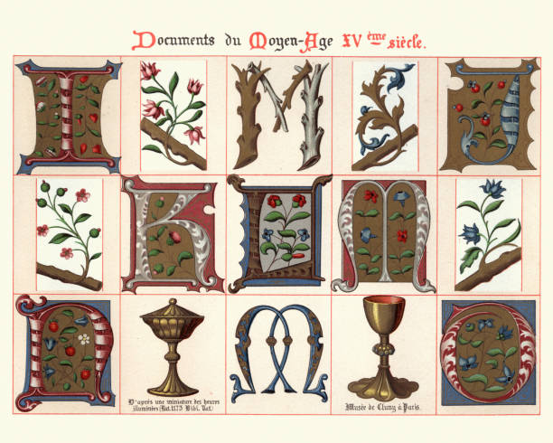 illustrations, cliparts, dessins animés et icônes de exemples de l’art décoratif médiéval, majuscules, éléments de design - text ornate pattern medieval illuminated letter