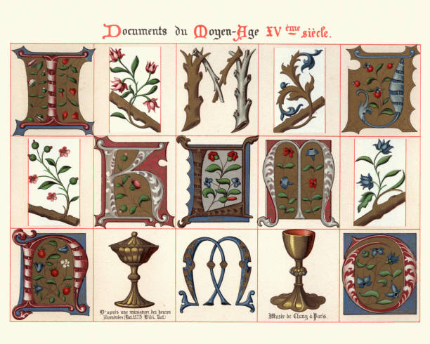 요소를 디자인 하는 중세 장식 미술, 대문자의 예 - manuscript medieval medieval illuminated letter old stock illustrations