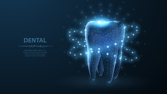 Abstract low poly shine bright tooth illustration. Blue background and stars. Dental care, dentist clinic, stomatology medicine concept. Dentist white toothpaste, teeth freshness symbol.
