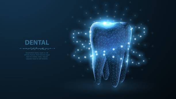 Tooth. Abstract low poly shine bright tooth illustration. Blue background and stars. Dental care, dentist clinic, stomatology medicine concept. Dentist white toothpaste, teeth freshness symbol. dentist backgrounds stock illustrations