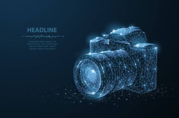Camera. Abstract 3d polygonal wireframe modern professional camera isolated on blue. Photo art, video equipment, digital photographing concept vector illustration or background professional video camera stock illustrations