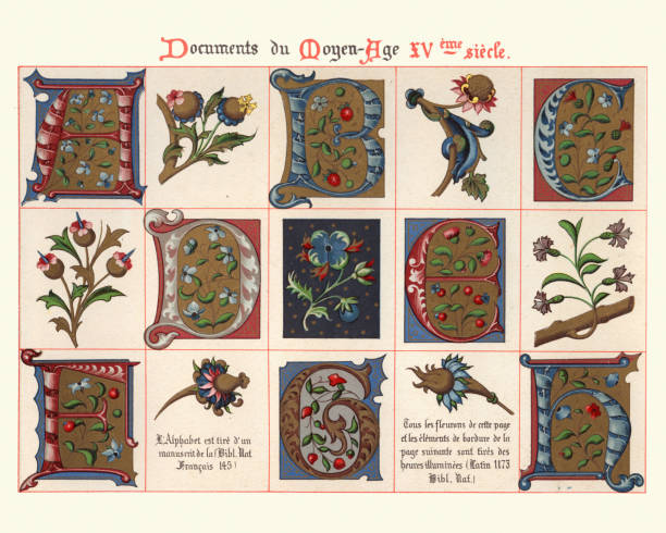 beispiele für mittelalterliche dekorative kunst, großbuchstaben, floral design-elemente - manuscript medieval medieval illuminated letter old stock-grafiken, -clipart, -cartoons und -symbole