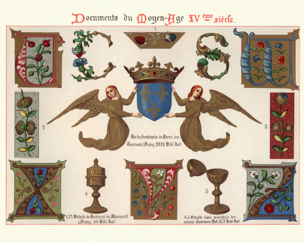Examples of Medieval decorative art, Capital letters, Angels, Crown Vintage engraving of Examples of Medieval decorative art from illuminated manuscripts 15th Century. Capital letters, Angels, Crown circa 15th century stock illustrations