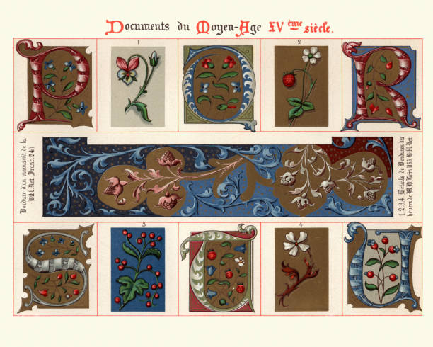 예 중세 장식 미술, 대문자, 꽃의 디자인 요소 - manuscript medieval medieval illuminated letter old stock illustrations