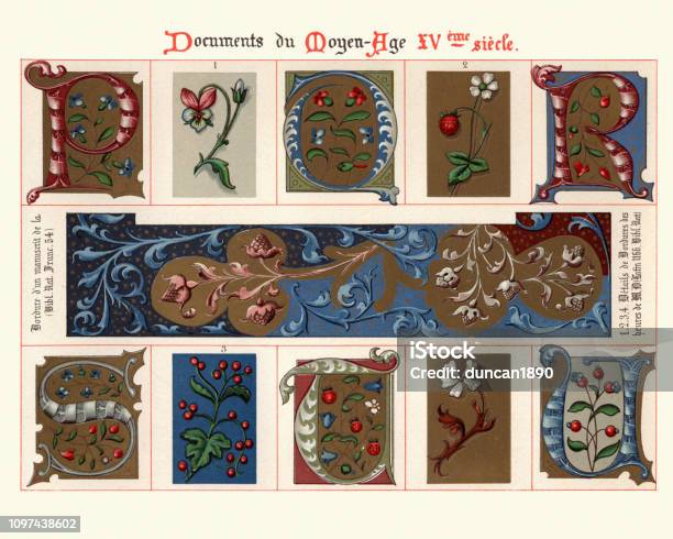 Examples Of Medieval Decorative Art Capital Letters Floral Design Elements Stock Illustration - Download Image Now