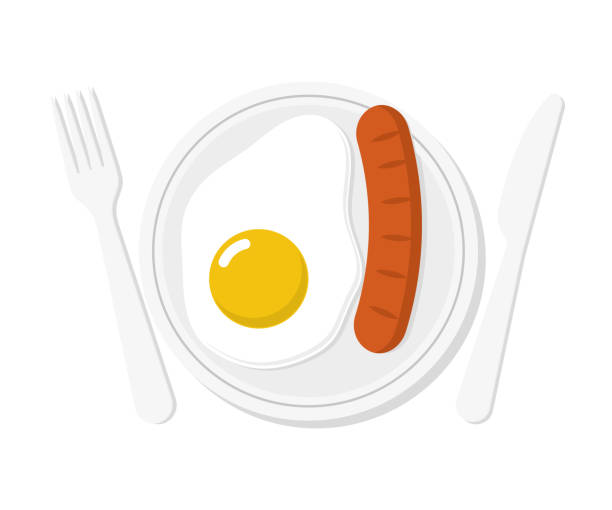 завтрак омлет яйцо в плоском стиле, вектор - fork plate isolated scrambled eggs stock illustrations