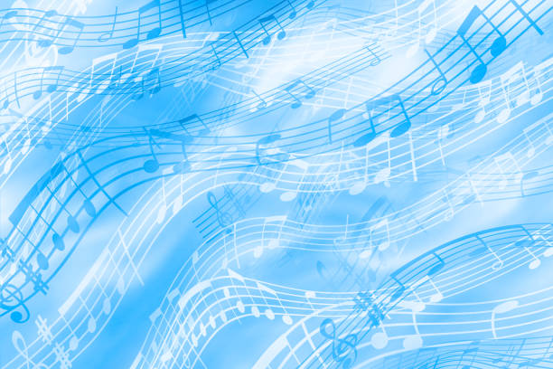 istock Cheerful, blue background on a musical theme with the image of notes and stave. Bright abstract background of colored strips. 1097444040