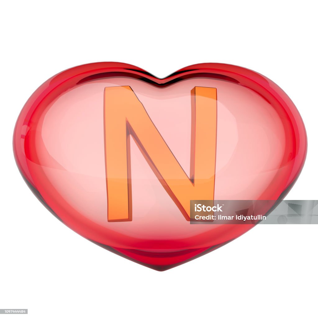 3d Render The Golden Letter N Inside The Heart Of Red Glass ...