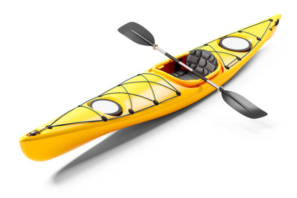 kayak de mer jaune et avirons 3d - canoe kayak, jaune photos et images de collection