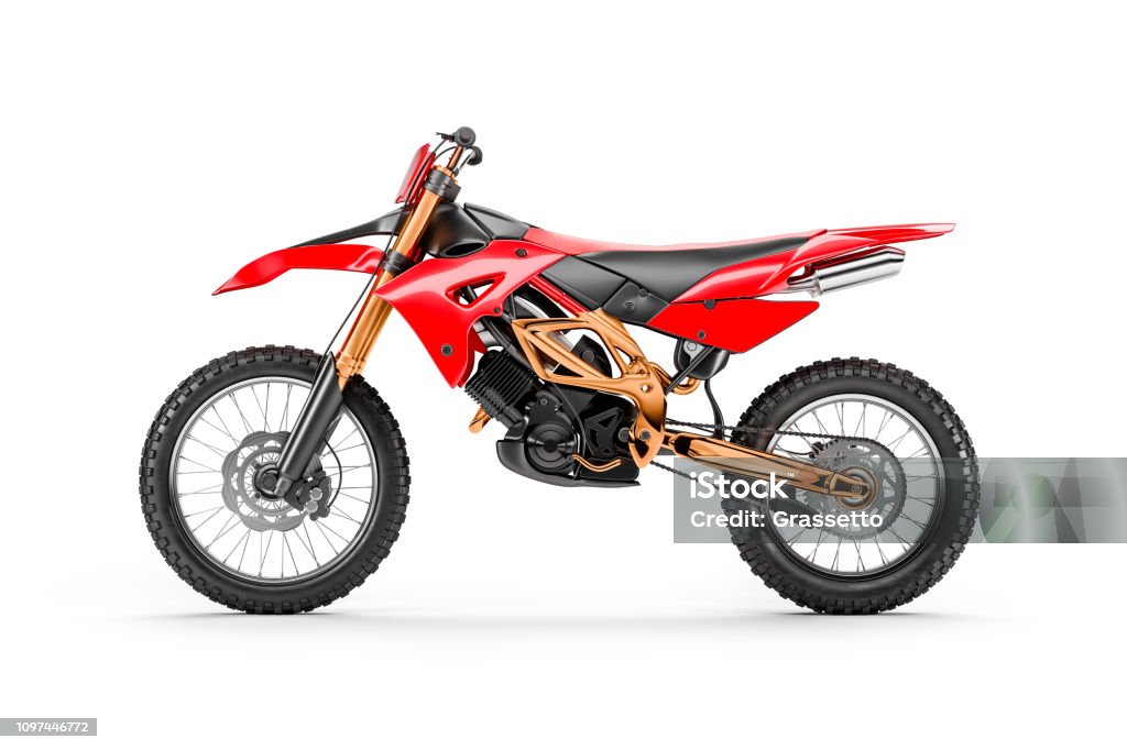 Red racing motorcycle for motocross by side view Red racing motorcycle for motocross by side view isolated on white background 3d Motocross Stock Photo