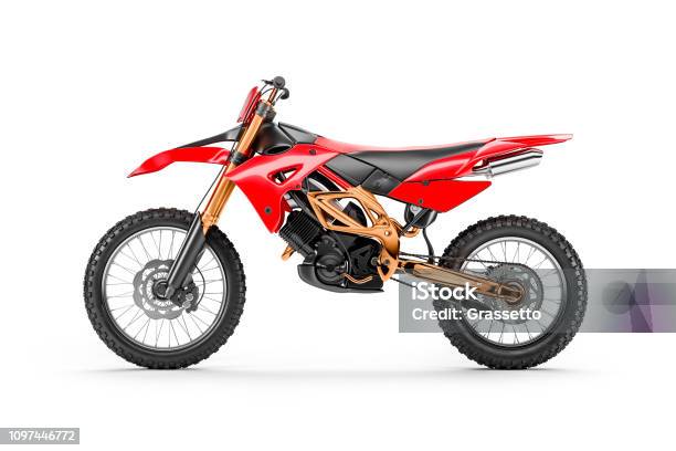 Red Racing Motorcycle For Motocross By Side View Stock Photo - Download Image Now - Motocross, Motorcycle, White Background