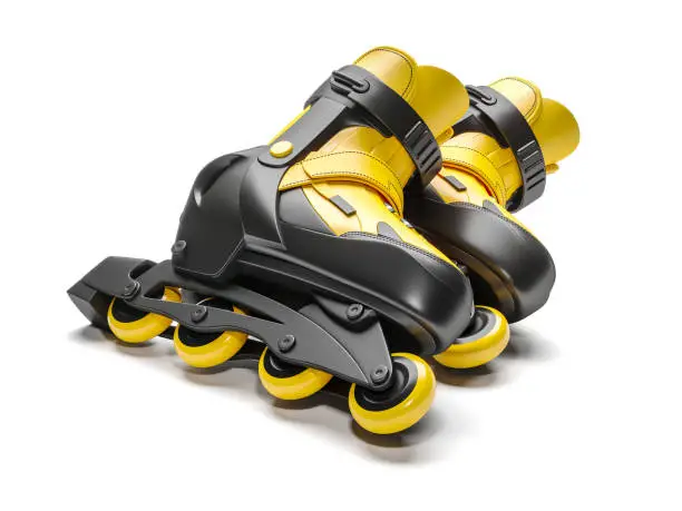 Black & yellow rollerblades isolated on white background 3d