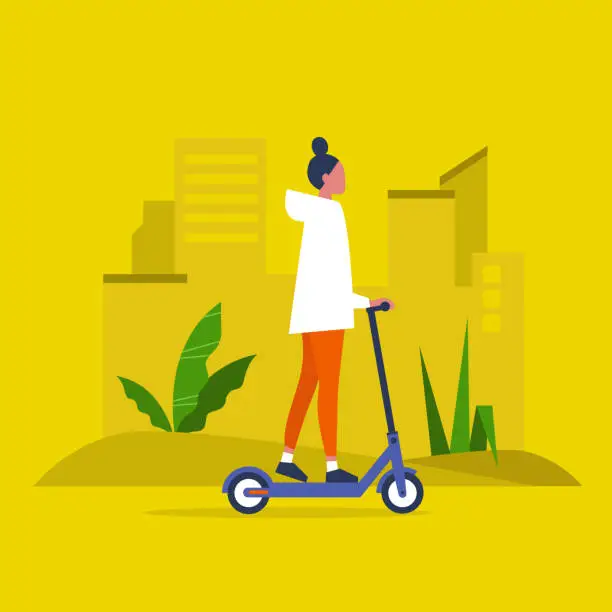 Vector illustration of Young female character riding an electric scooter. Urban  transportation. Modern technologies. Millennial lifestyle. Active young adults. Flat editable vector illustration, clip art