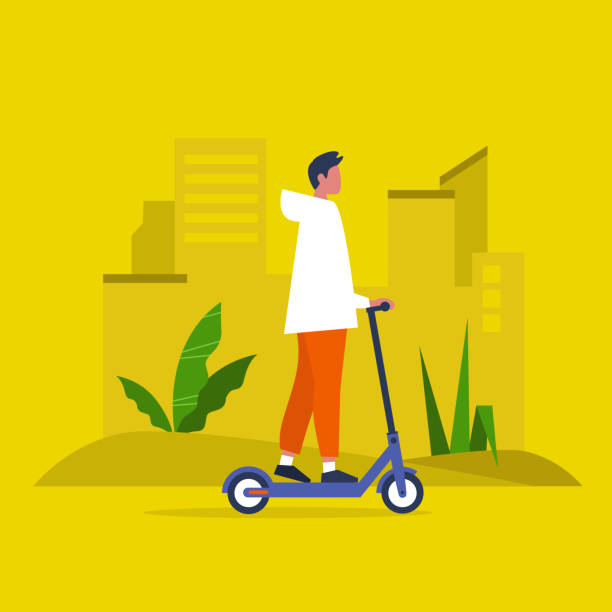 Young male character riding an electric scooter. Urban  transportation. Modern technologies. Millennial lifestyle. Active young adults. Flat editable vector illustration, clip art Young male character riding an electric scooter. Urban  transportation. Modern technologies. Millennial lifestyle. Active young adults. Flat editable vector illustration, clip art mobility as a service stock illustrations