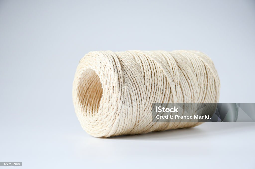 Linen Roll Yellow White String Object On White Background Natural Brown  Shabby Style Rustic String Twine Shank Craft String Use For Tight Things  Together And Creative Idea For Hobby Stock Photo 