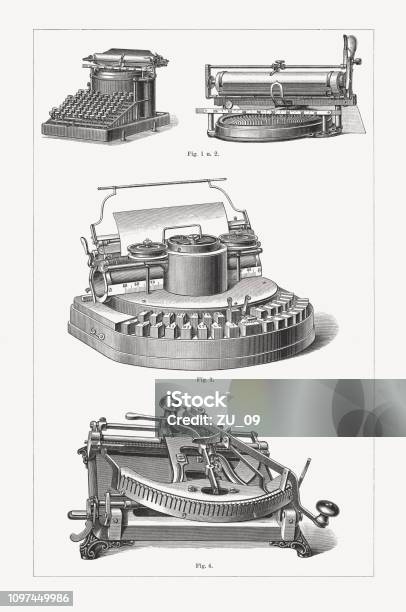 Historical Typewriters Wood Engravings Published In 1897 Stock Illustration - Download Image Now
