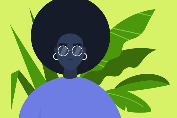 Young millennial character portrait. Plant leaves on a background. Black girl wearing glasses. Flat editable vector illustration, clip art Young millennial character portrait. Plant leaves on a background. Black girl wearing glasses. Flat editable vector illustration, clip art ear piercing clip art stock illustrations