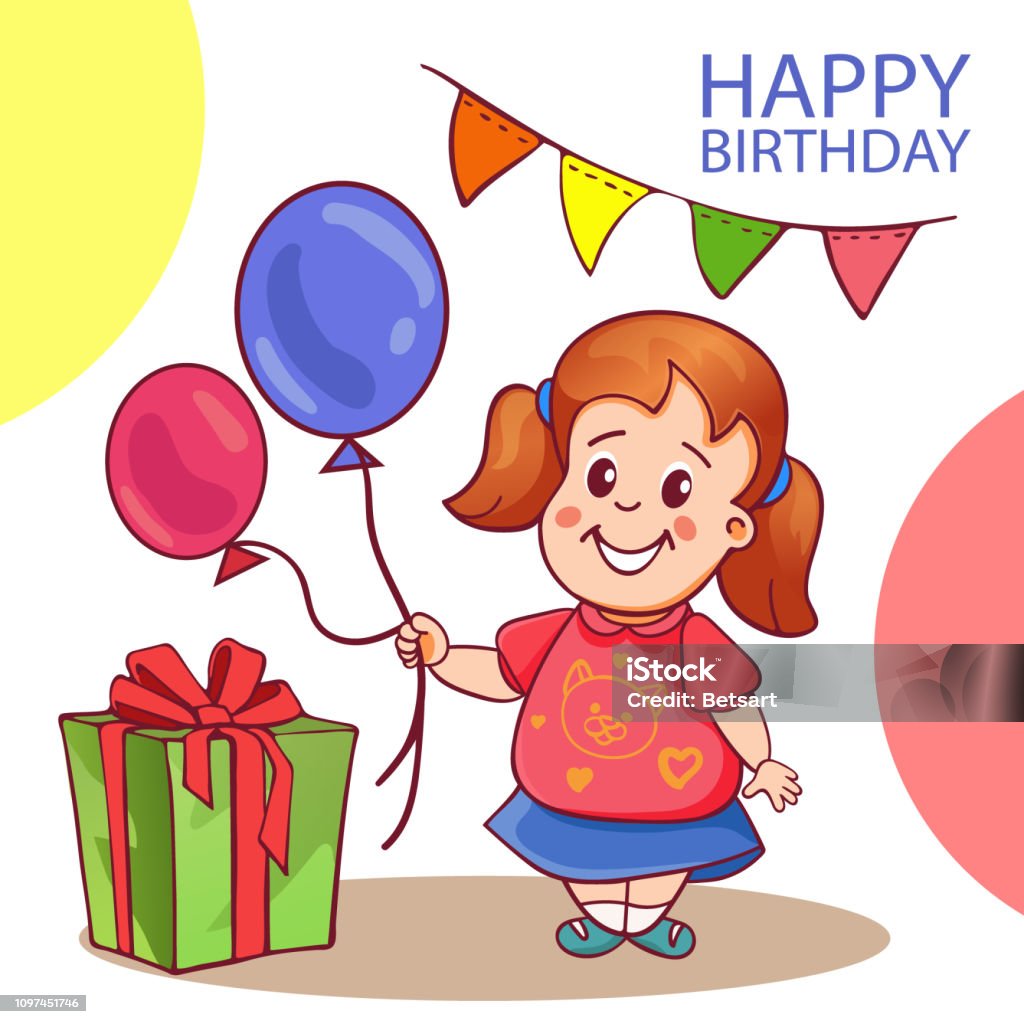 Happy Birthday Card With Cute Little Girl Cartoon Vector Illustration With  Girl Holding Balloons And A Gift Greeting Card For A Woman Girl Daughter  Sister Or Grandchild Invitation To A Party Stock