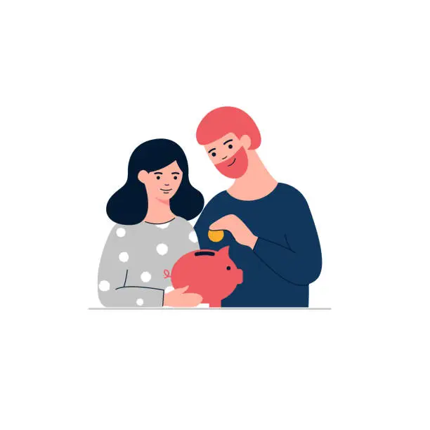 Vector illustration of Woman, man and piggy bank.  Family money saving concept  illustration