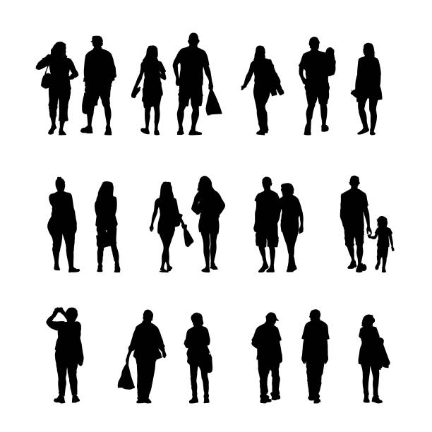 한 무리의 사람들이 실루엣 산�책 및 쇼핑 - tourist travel people traveling silhouette stock illustrations