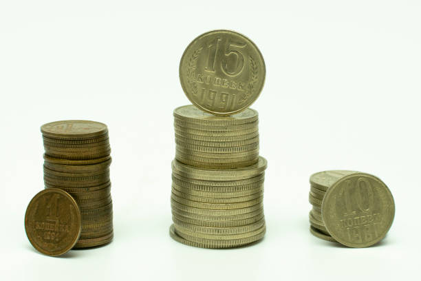 istock Soviet coins of different denominations in piles 1097458624