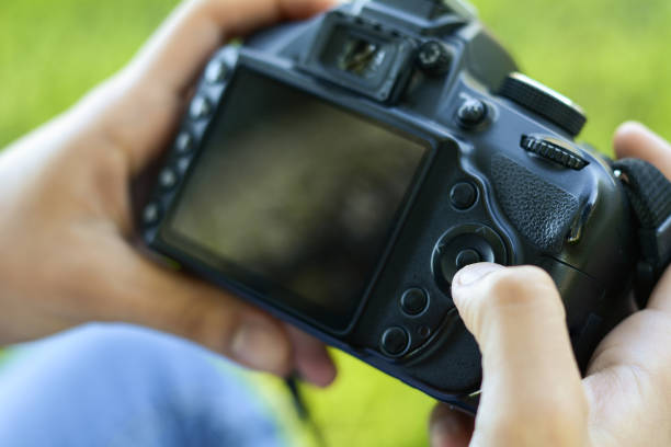 istock Professional woman looking at photo camera 1097459264
