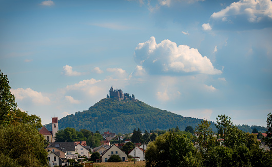 Hechingen, Germany - August  17, 2018: View of Jungingen and Hohenzollern Castle, Swabian Alb, Baden-Wurttemberg, Germany, Europe