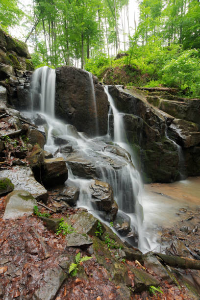 istock beautiful waterfall among the huge rocks in forest 1097466682