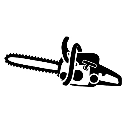 Black isolated detailed chainsaw silhouette. Vector flat simple chainsaw clipart - design element for logo or icon