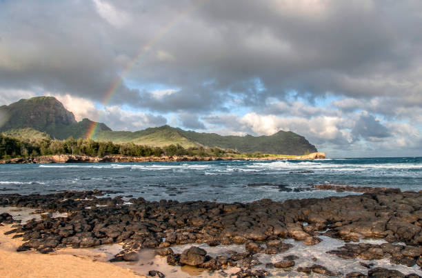 arcobaleno nella baia di kawailoa - mahaulepu beach foto e immagini stock