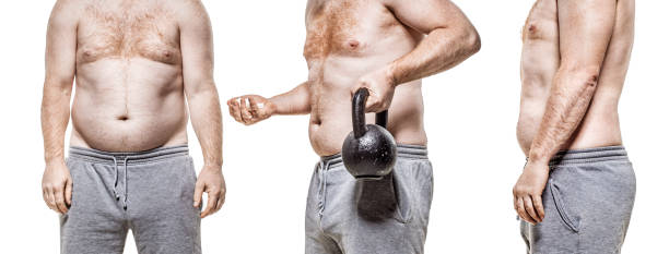 Comparison of unknown overweight middle aged man Comparison image of overweight middle aged redhead man's real body before and after dieting, working out and fitness regime before and after weight loss man stock pictures, royalty-free photos & images