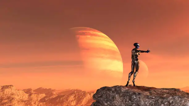 3d illustration of an extraterrestrial wearing a spacesuit standing on a mountaintop waiting for a ride with thumb up on an alien planet.