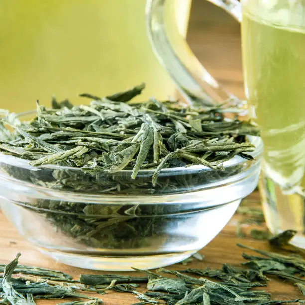 Sencha Green Tea against a wooden background