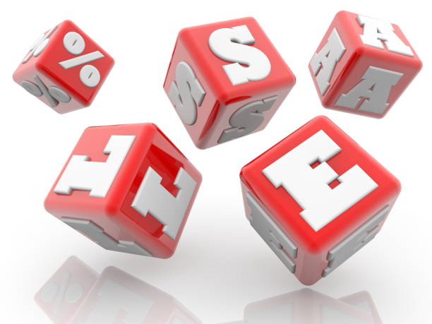 istock Rolling red cubes with sale concept on white 1097477694