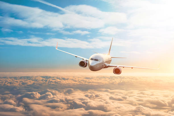 旅客機、ビジネス旅行、旅行のコンセプトです。飛行の夕日。 - 飛行機 ストックフォトと画像