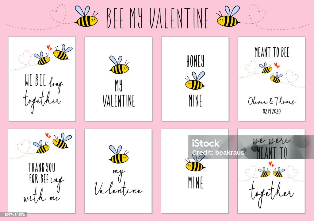 Valentine's day cards with cute bee, vector set Valentine's day cards with cute bee and quotes, set of vector design elements Bee stock vector