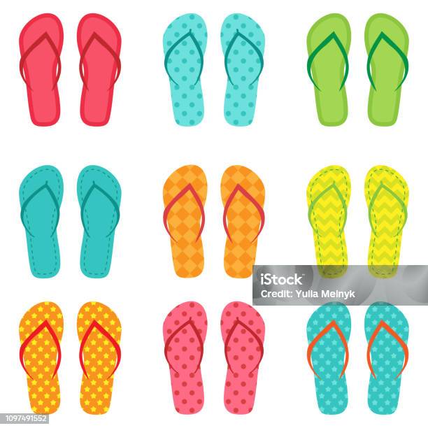 Set Of Vector Colorful Flip Flops Stock Illustration - Download Image Now - Flip-Flop, Pattern, Cut Out