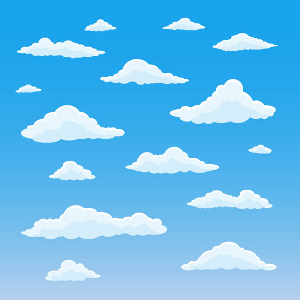 cartoon-wolke gesetzt. bewölkter himmelshintergrund. blauer himmel mit weißen, flauschigen wolken. vector illustration. - text sky abstract air stock-grafiken, -clipart, -cartoons und -symbole